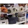 Image 9 : 2 Large shelves of misc items including - 2 shelfs, plastic wrap, tool boxes, tape, extension cords,