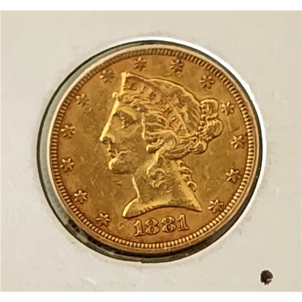 1881 Liberty Head $5 Gold Coin
