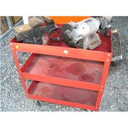 Three Shelf Matco Shop Cart and 6" Bench Grinder by Skil Model 3396 and bench Vise grip  (1)