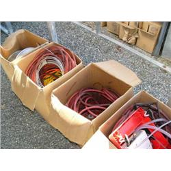 Large Assortment of 4 boxes of: Air Hoses Metal Cable, Extension Cords, Drip Pans, etc.  (1)