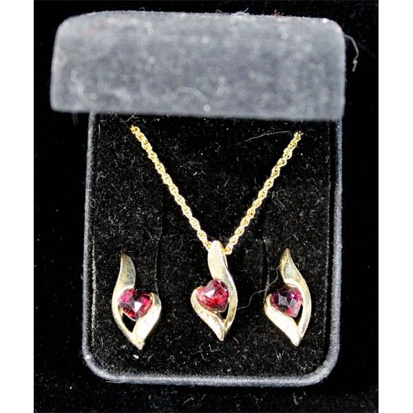 GOLD TONED PENDANT AND EARRINGS W/ RED STONES