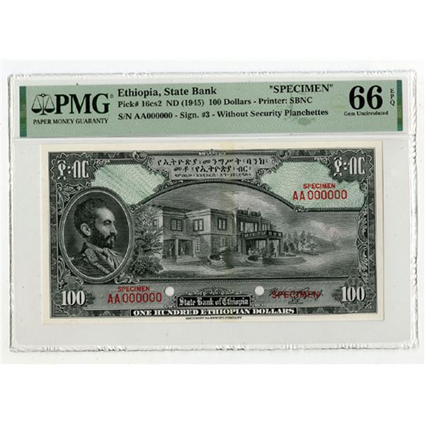 Ethiopia. State Bank, ND(1945) 100 Dollars, P-16cs2 Specimen, PMG Gem UNC 66 EPQ