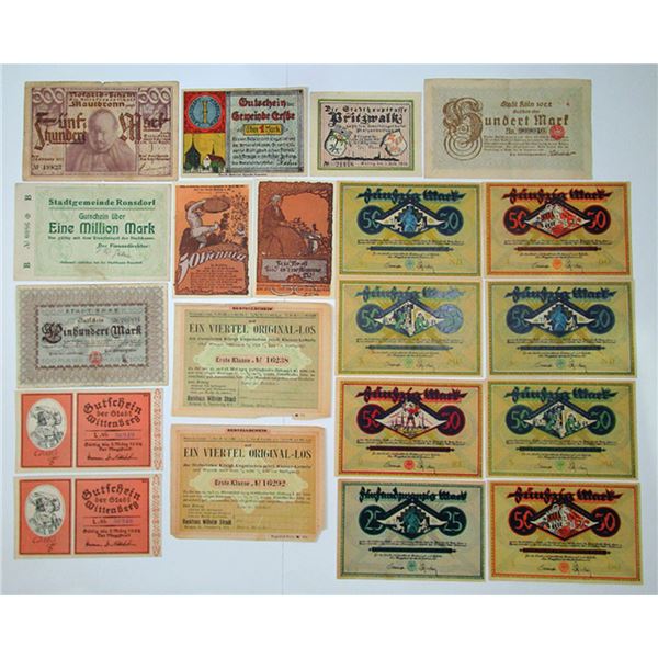 Pritzwalk, Cologne, Dortmund, Wittenberg, and Other Locations Assortment of German Notgeld Notes, ca