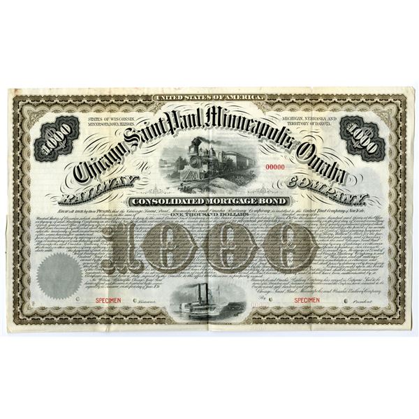 Chicago, Saint Paul, Minneapolis, Omaha Railway Co., 1880 Specimen Bond