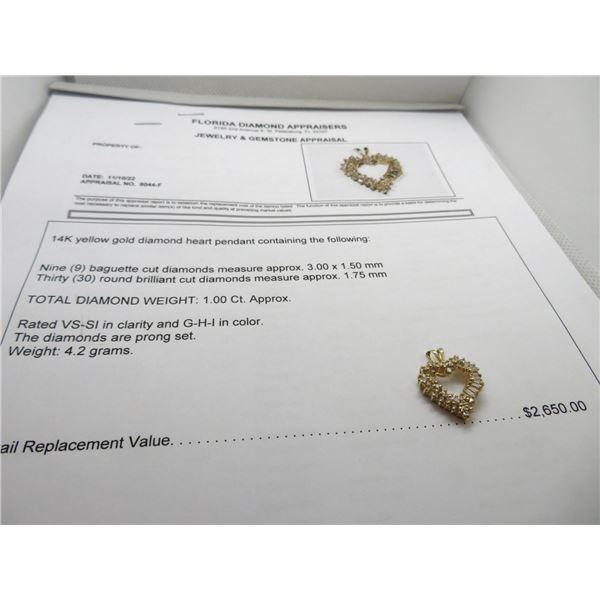 14K YG Diamond Heart Pendant w/9 Baguette Cut Diamonds and 30 Round