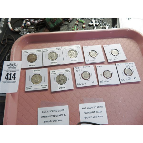 Silver Washington Quarters 5, Silver Roosevelt Dimes 5