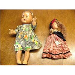 Two Antique Dolls, one is:  Composition, Art Deco Green Dress 15.5" tall with moveable eyes, Other i