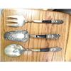 Image 2 : Very ornate fish serving spoon; old Rogers ladle; silver h'oerdorve fork; 3-piece fork, spoon and pi