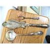 Image 3 : Very ornate fish serving spoon; old Rogers ladle; silver h'oerdorve fork; 3-piece fork, spoon and pi