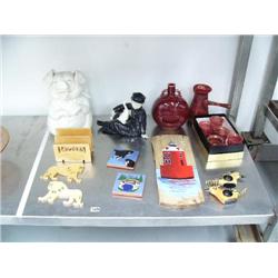 Lot of: Pig cookie jar; little girl with goose and flowers in her hand; red art glass pot with 5 cup