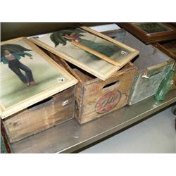 Lot of: 4 old wood boxes and 3 assorted pictures and Coca-Cola bottle (16)