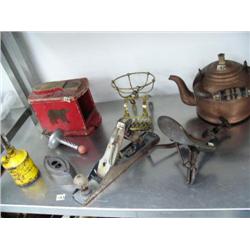 Lot of: Wood plane; brass soap dish; flat iron; shoe shine stand; copper tea pot; cherry pitter; old