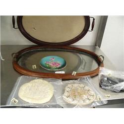 Lot of: 3 antique beaded purses; 3 serving trays; hand-painted plate (16)