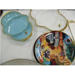 Lot of 5 pieces: 3 collectors plates; 2 milk glass Fire-King Relish or divided trays (37)