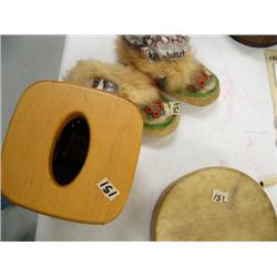 Lot of: Pair of seal skin moccasins with beadwork and Oogrook hide soles chewed to pliability by Gra