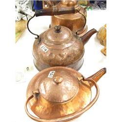 Lot of 3 copper tea pots: one is 2-liter with cover on spout all hand made very heavy; one has wood 