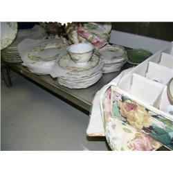Beautiful set of gold edged dishes with green and pink flowers aprox. 45 pieces (16)