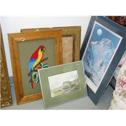 Lot of 4 pictures: parrot; monkey; Jon VanZyle 1982 mushing poster signed by Norman Vaughn and Jon V