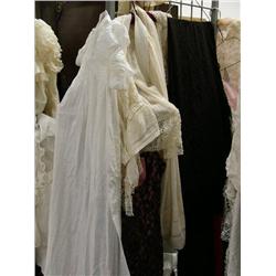 Lot of: fancy antique dresses and slips; beautiful silk shawl (16)