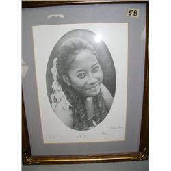 Pen and ink done in Tonga of beautiful Tongan girl; seaside scene; Polynesian girl in original oil (