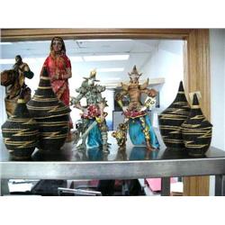 2 pottery figures, dancers- 9" tall and hand made in Italy; 5 very fine African baskets (25)