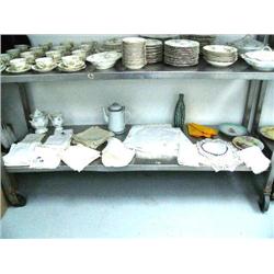 Bottom shelf: creamer; sugar; blue and white tea pot; art glass vase; 2 hand plated vase; large sele