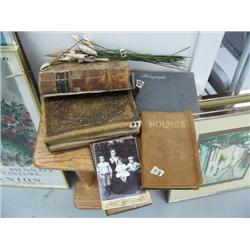 Group of 3 books and assorted photographs- 1 book is Early Poems of Oliver Wendell Holms, leather bo