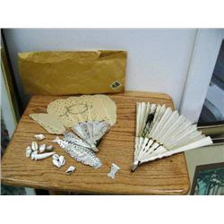 Collection of flatware: forks, spoons, knives, pie server, salad server; 2 antique fans (25)