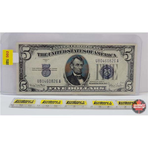 USA $5 Bill 1934D   Silver Certificate  (Blue Seal) : S/N#U80460826A (See Pics for Varieties, Condit