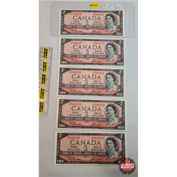 Canada $2 Bills 1954 (5 Consecutive) : Beattie/Coyne #PB7604126-4130 (See Pics for Varieties, Condit
