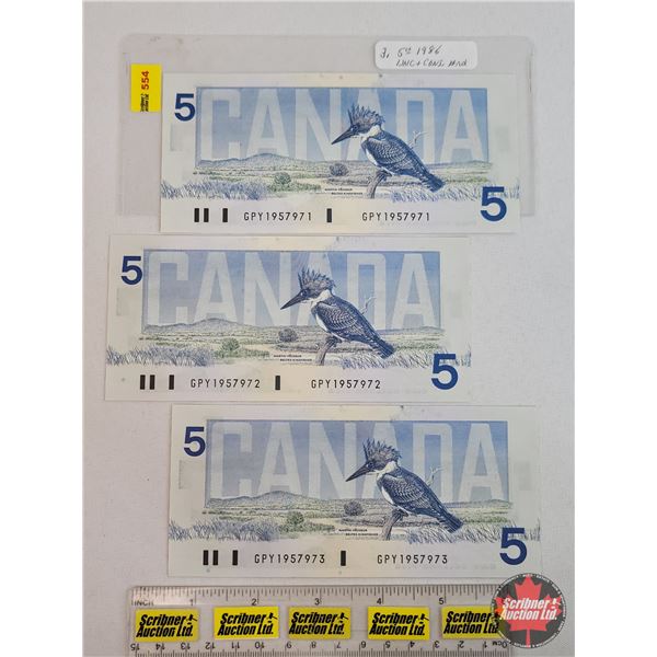 Canada $5 Bills 1986 (3 Consecutive) : Knight/Dodge #GPY1957971-973 (See Pics for Varieties, Conditi