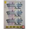 Image 2 : Canada $5 Bills 1986 (3 Consecutive) : Knight/Dodge #GPY1957971-973 (See Pics for Varieties, Conditi