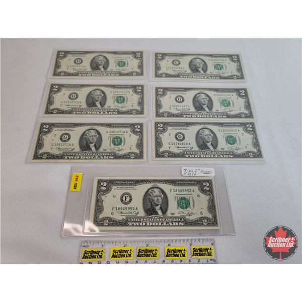 United States $2 Bills 1976 (7) : Variety Serial Numbers (See Pics for Varieties, Conditions, Serial