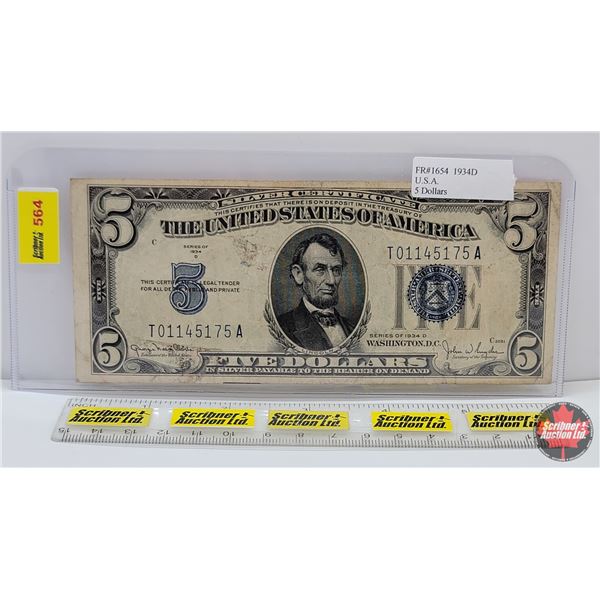 United States $5 Bill 1934D Blue Seal : #T01145175A (See Pics for Varieties, Conditions, Serial Numb
