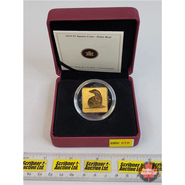 RCM 2010 $3 Square Coin : Polar Bear (92.5% Gold Plated) (SEE PICS!)
