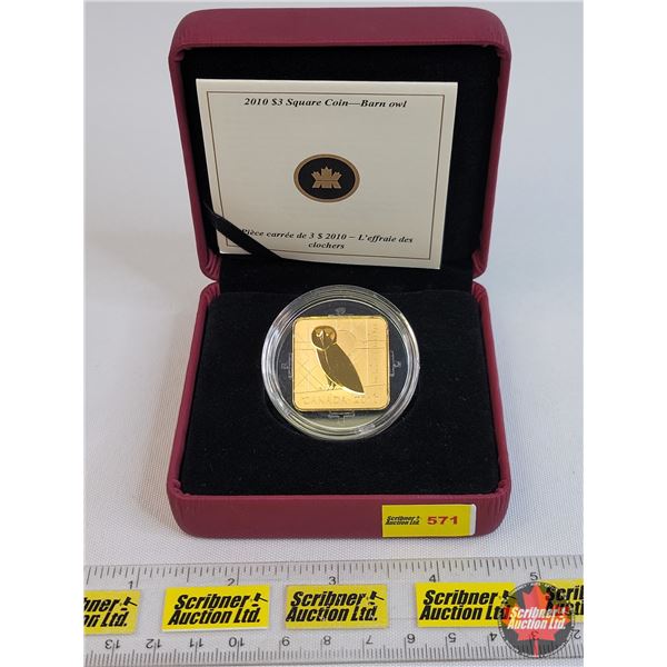 RCM 2010 $3 Square Coin : Barn Owl (92.5% Gold Plated) (SEE PICS!)