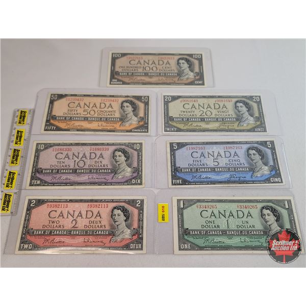 Canada Bills 1954 Series (7 Bills) : - $1 Bill : Beattie/Rasminsky #OY3349265 - $2 Bill : Beattie/Ra