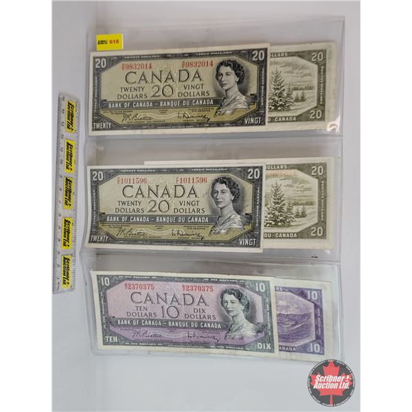 Canada Bills 1954 (6 Bills) : - $10 Bill : Beattie/Coyne #BT6403808 - $20 Bill : Beattie/Rasminsky #