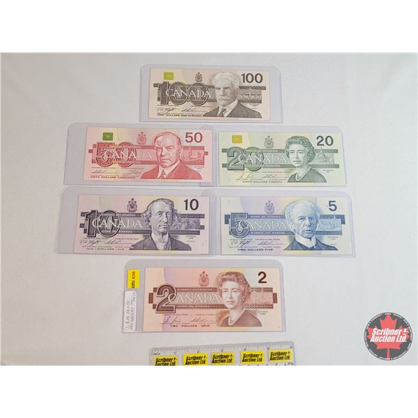 Canada Bills "Bird Series" (6 Bills) : - 1986 $2 Bonin/Thiessen #EGU3594811 - 1986 $5 Knight/Thiesse