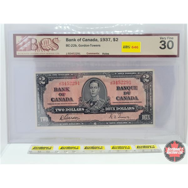 Bank of Canada $2 Bill 1937 : Gordon/Towers #JB3452291 (BCS Cert : Very Fine 30) (See Pics for Varie