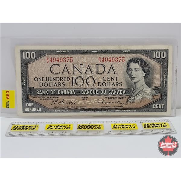 Canada $100 Bill 1954 : Beattie/Rasminsky #BJ4949375 (See Pics for Varieties, Conditions, Serial Num