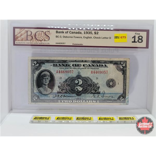 Bank of Canada $2 Bill 1935 : Osborne/Towers #A4469057 (English) (BCS Cert : Fine 18) (See Pics for 