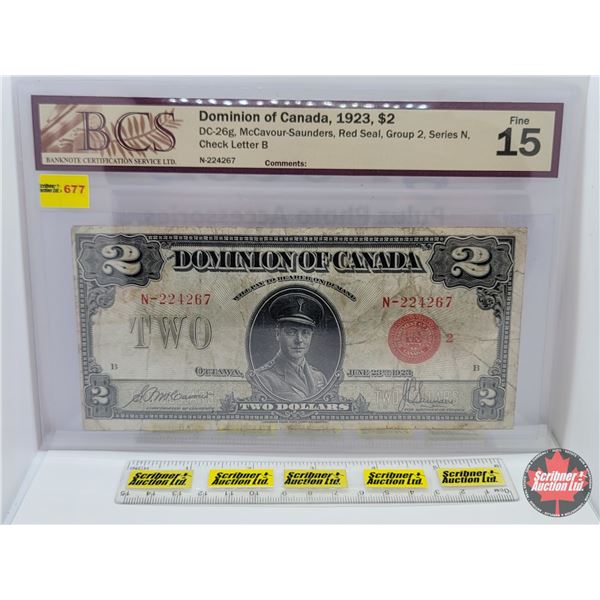 Dominion of Canada $2 Bill 1923 : McCavour/Saunders #N-224267 (BCS Cert : Fine 15) (See Pics for Var