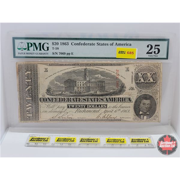 Confederate States of America $20 Bill 1863 (PMG Cert: Very Fine 25) (See Pics for Varieties, Condit