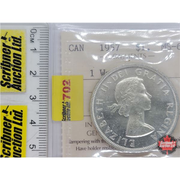 Canada Dollar 1957 1 Waterline (ICCS Cert: MS-60) (SEE PICS!)