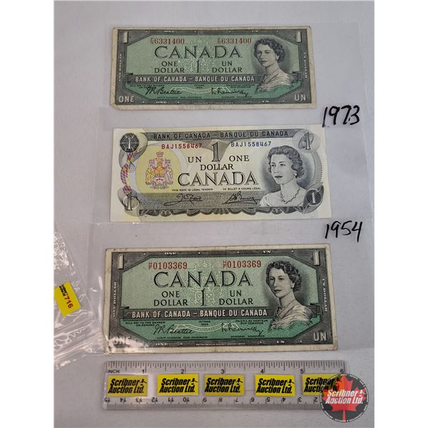 Canada $1 Bills (3): - 1954 Beattie/Rasminsky #HF0103369 - 1954 Beattie/Rasminsky #FN6331400 - 1973 