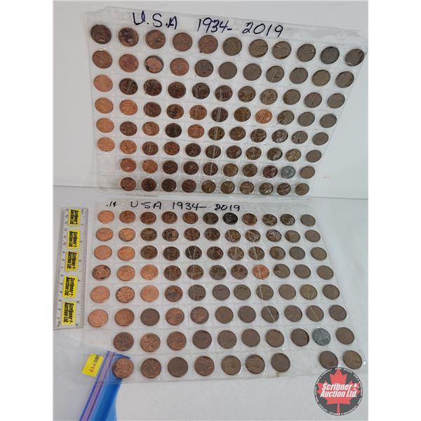 USA Pennies (2 Sheets of 86 each = 172 Coins) : Both Sheets ~ 1934 - 2019 (SEE PICS!)