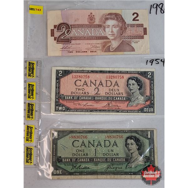 Canada Bills (3):  - $1 Bill : 1954 Beattie/Coyne #LL8830766 - $2 Bill : 1954 Lawson/Bouey #VG328075