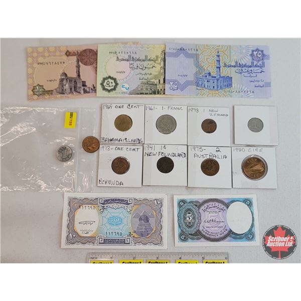 Foreign Coin / Currency Combo:  - Egypt Notes (Variety 5 Bills) - Coinage (10 Coins) (Variety Countr