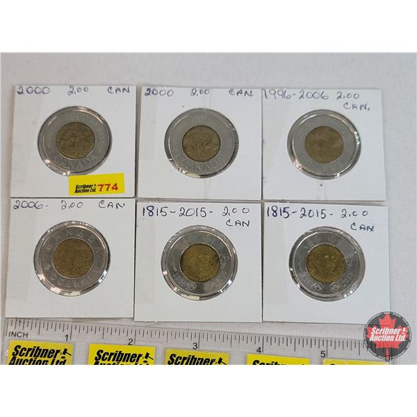 Canada Two Dollars "Toonies" (6): 2000; 2000; 2006; 2006; 2015; 2015 (SEE PICS!)
